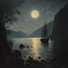 Ship in Moonlit Bay
