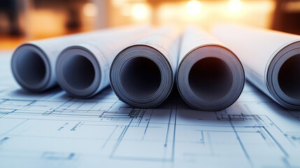 Close-up of architectural blueprints and rolls of paper,