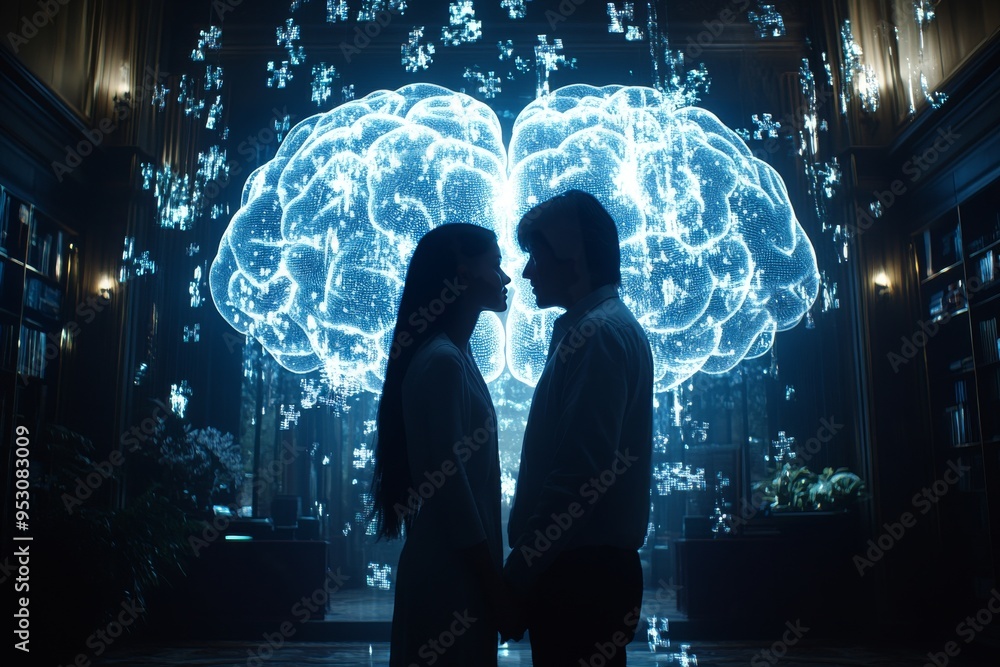 Poster silhouette of a couple facing each other with a large illuminated brain in the background symbolizin