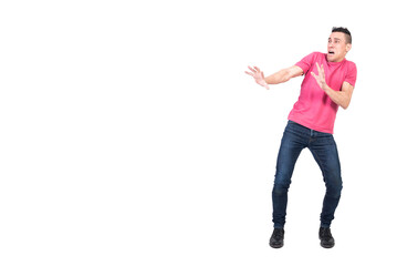 Scared man screaming in panic. White background