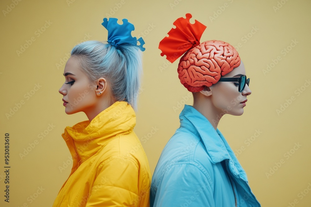 Sticker vibrant conceptual art of two women with brain models as headgear symbolizing cognitive duality and 