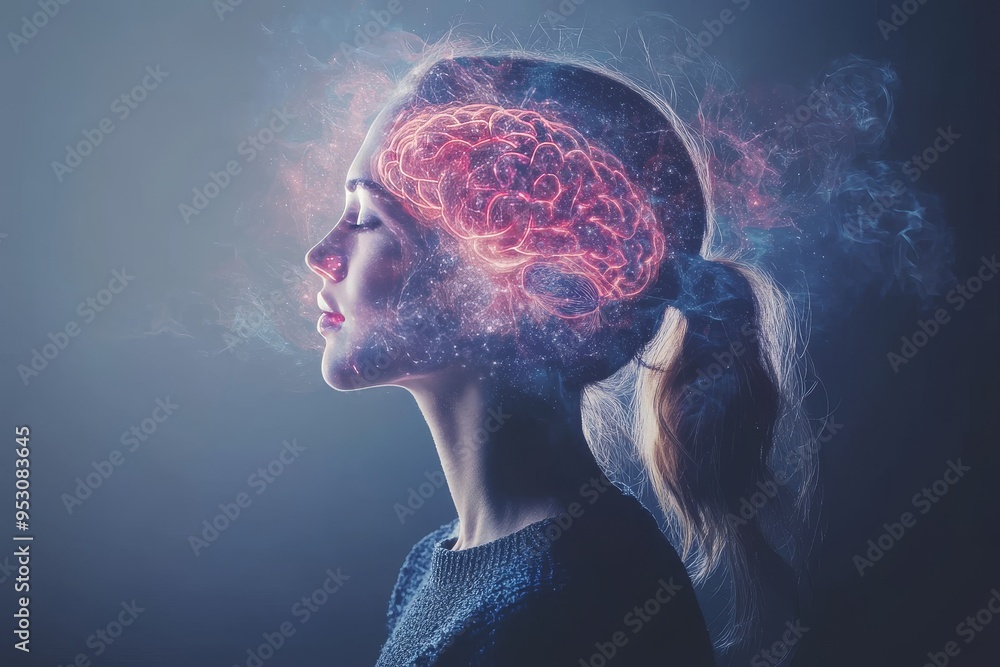Poster digital artwork of a woman with a transparent brain showing neural activity and cognitive processes 