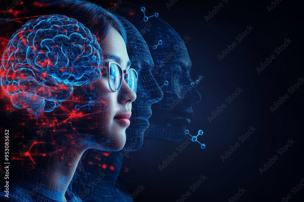 Poster side profile of a woman with a digitally enhanced brain emphasizing technological integration with h