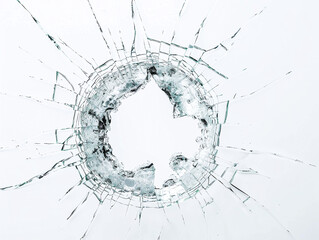 Cracked Glass with Hole in the Middle Isolated on White Background: