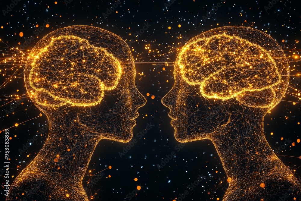 Poster golden brain silhouettes connected by glowing networks depicting neural synapses and intellectual in