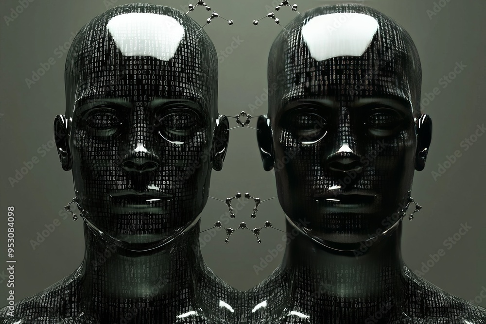 Poster monochromatic twin robotic heads facing each other representing technological parity and mirror like