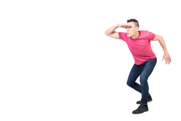 Worried male looking at distance. White background