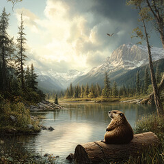 Scenic Mountain Landscape with a Marmot by the Lake