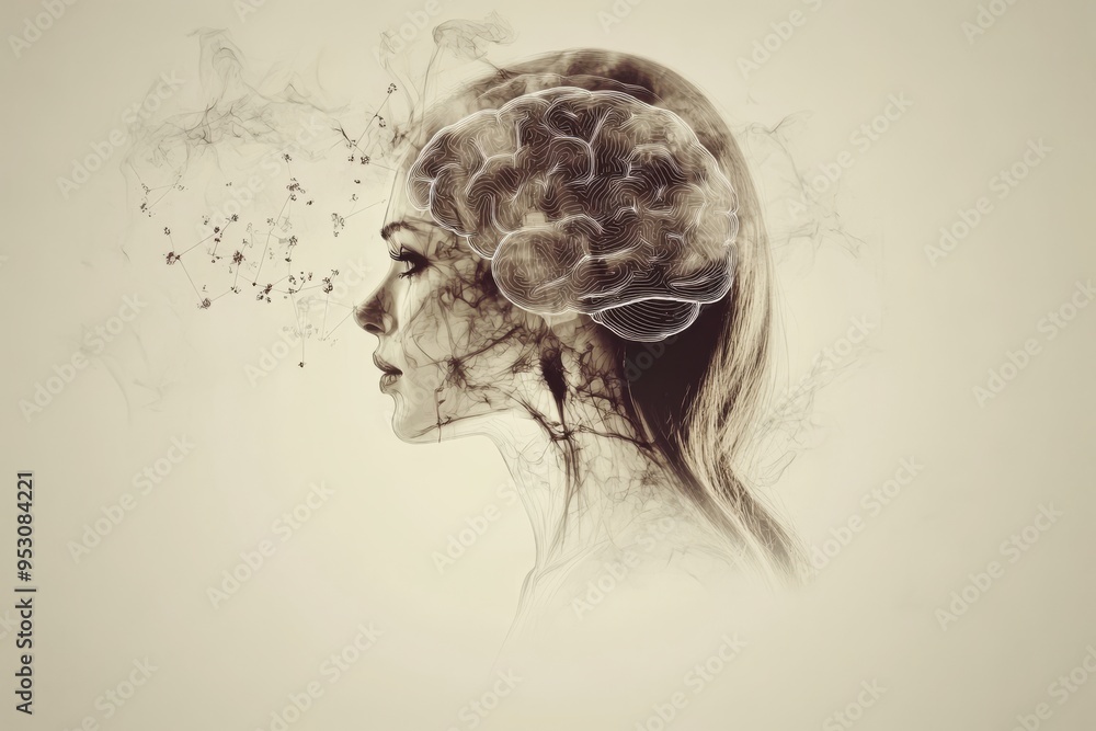 Poster minimalist sketch of a disintegrating head representing the concept of memory loss and cognitive det
