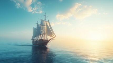 A sailing ship on a calm sea at sunrise, symbolizing adventure, exploration, and the tranquil beauty of nature.