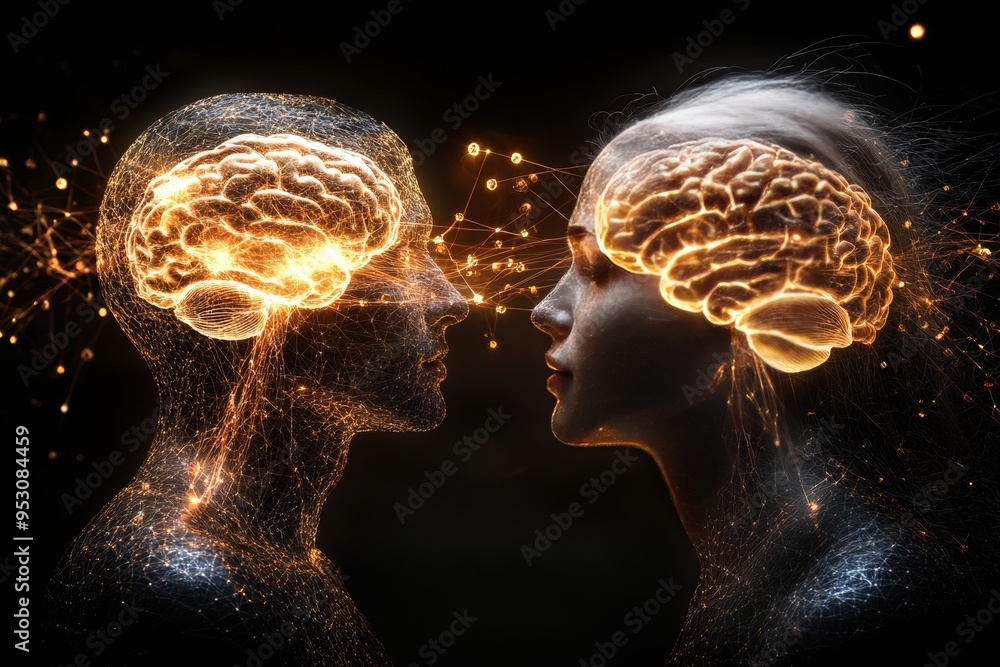 Aufkleber golden digital art of two brain silhouettes connected by glowing neural synapses representing intell