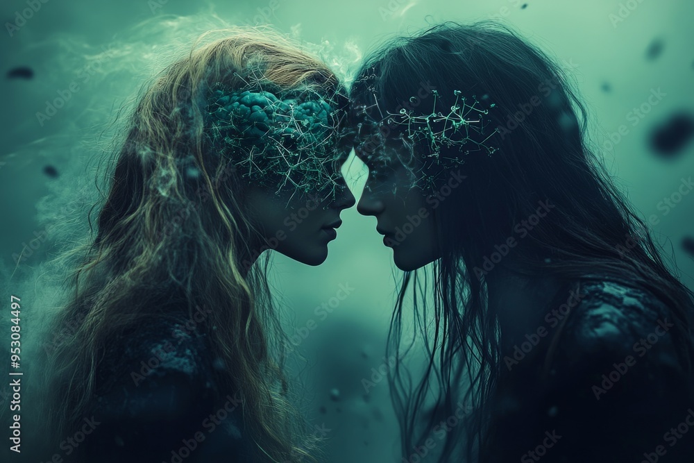 Poster moody digital illustration of two women with interconnected brain networks symbolizing deep emotiona