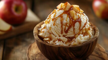 A delectable scoop of vanilla ice cream topped with caramel sauce and diced apples, reminiscent of classic apple pie, served in a rustic wooden bowl.