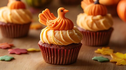 Festive Thanksgiving cupcakes adorned with orange turkey-shaped fondant toppers and creamy frosting, perfect for holiday desserts or parties.