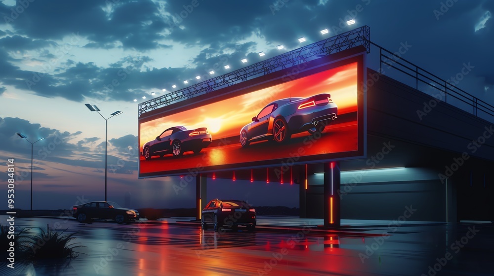 Wall mural A detailed 3D render of a digital billboard for tire pressure check specials