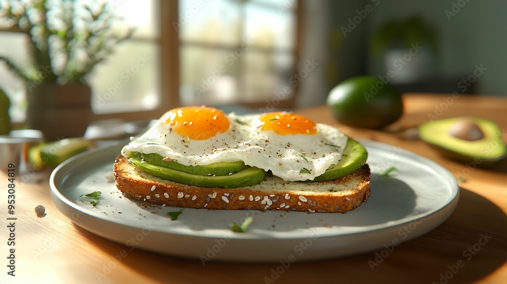 Wall mural Delicious avocado toast topped with perfectly cooked sunny side up eggs, served on multigrain bread, ideal for a healthy breakfast or brunch.