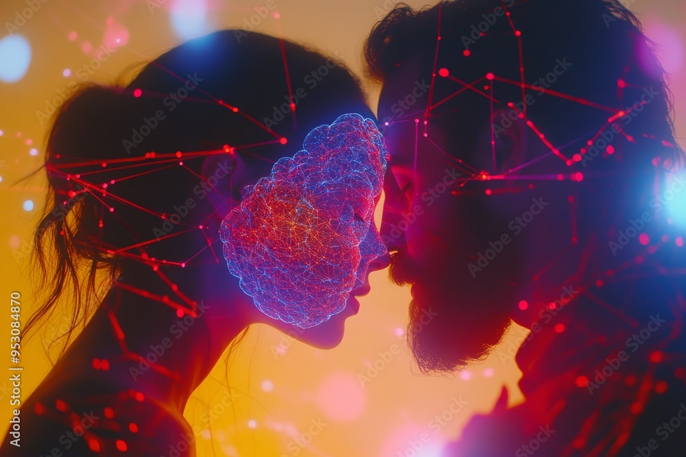 Poster vivid conceptual art of a couple facing each other with neural networks representing a deep emotiona