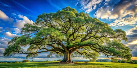 Tall majestic oak tree with gnarled branches, sprawling canopy, bright blue sky with a few white clouds, sense of strength and stability, late afternoon sun, a realistic photo image.