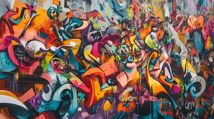 Fototapeta premium Colorful graffiti mural in a vibrant urban setting with bright colors and a diverse crowd bold 3D-rendered elements creating an energetic atmosphere