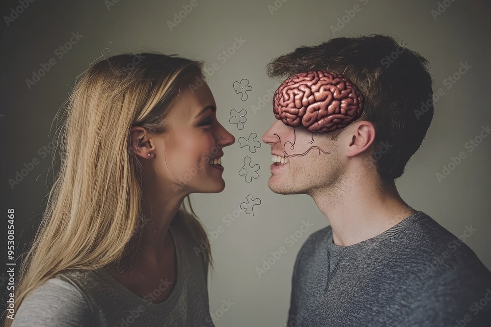 Poster modern digital art of a couple with brain illustrations showing cognitive connection and mutual unde