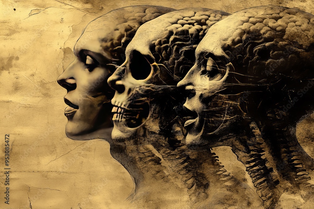 Poster ancient art of faces evolving from a single profile symbolizing the evolution of thought and collect