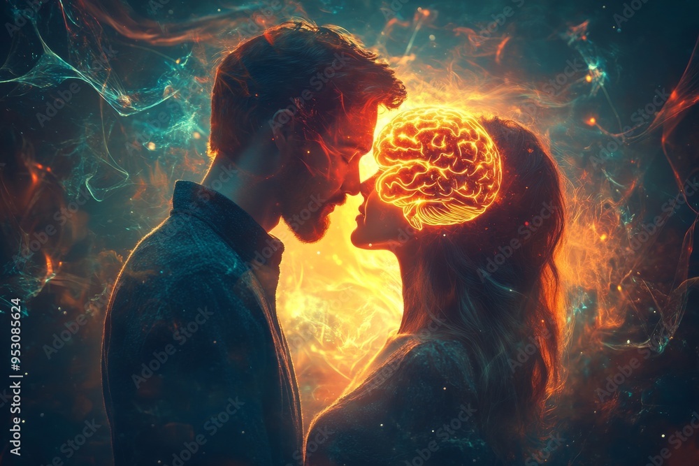 Poster fantasy inspired digital art of a couple with glowing brains representing passion and cognitive conn