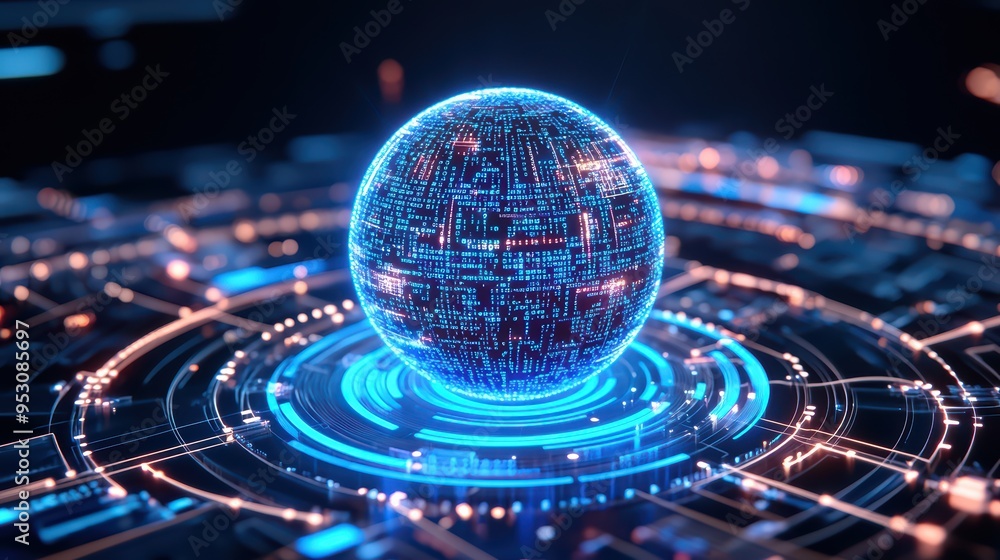 Poster a futuristic digital orb illuminated by neon lights, showcasing intricate patterns and a sci-fi aest