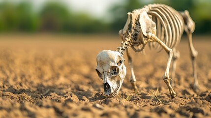 Obraz premium A detailed view of a skeleton in a dry landscape, highlighting nature's cycle of life and death amidst a barren environment.