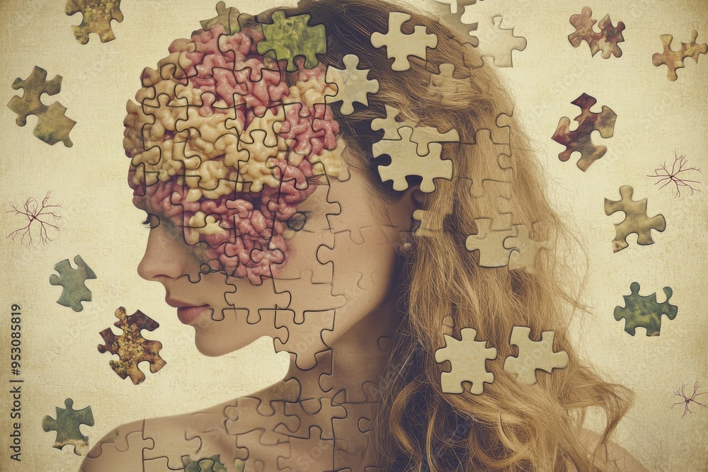 Poster surreal digital art of a woman with floral brain patterns representing the blend of nature and cogni