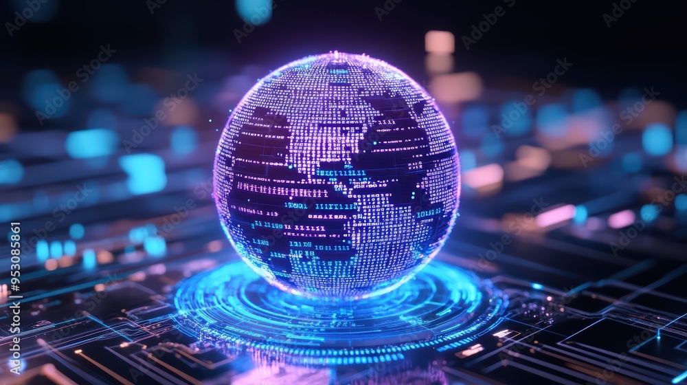 Poster a glowing digital globe with intricate patterns, showcasing technology and global connectivity in a 