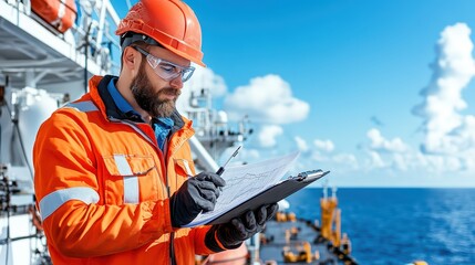 A focused worker in an orange safety suit and helmet inspects maritime documents on a sunny day at sea, with ships in the background.