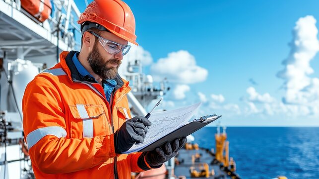 A focused worker in an orange safety suit and helmet inspects maritime documents on a sunny day at sea, with ships in the background.