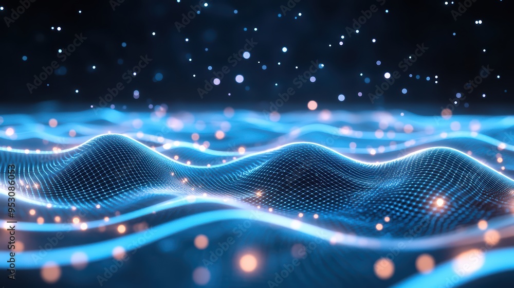 Aufkleber a mesmerizing abstract representation of waves illuminated by blue and orange light, creating a tran