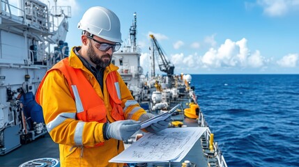 A maritime worker is reviewing plans on a vessel in calm waters, ensuring safety and efficiency in operations at sea.