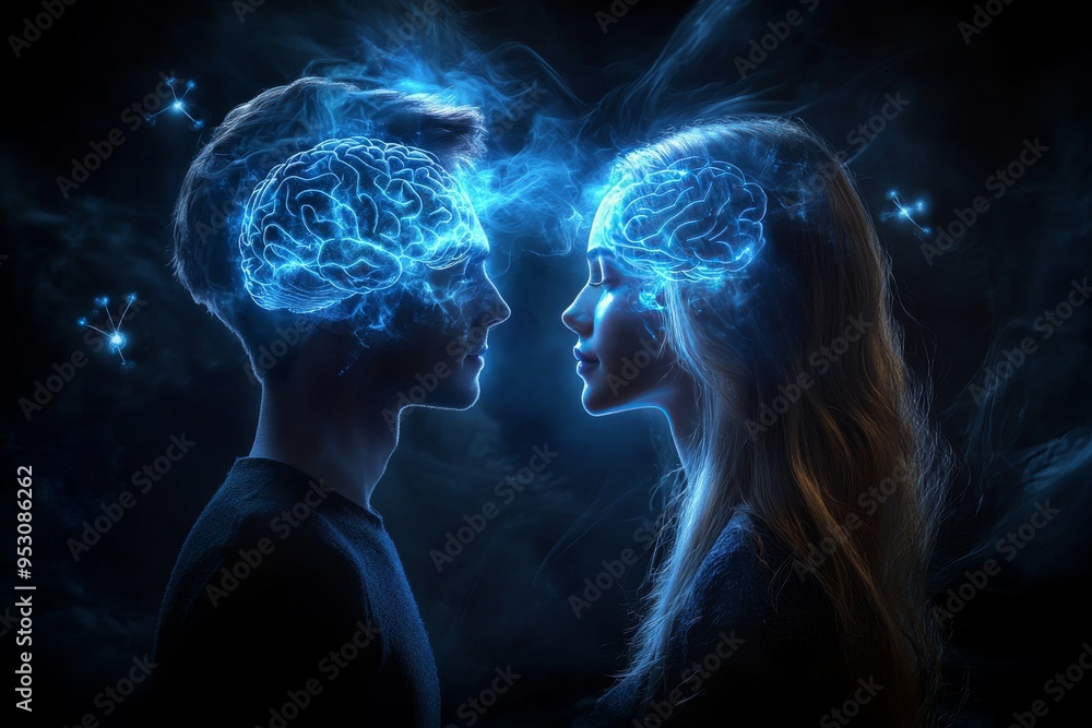Aufkleber digital art of a couple facing each other with glowing brains highlighting intellectual connection a