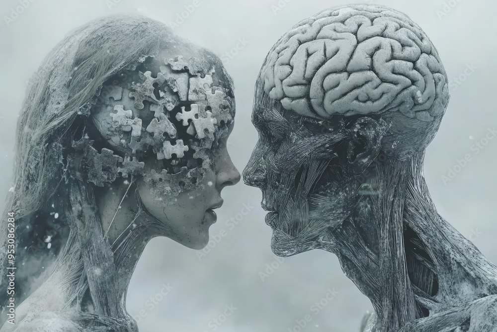 Poster surreal illustration of two skeletal figures with brain patterns depicting the intersection of life 