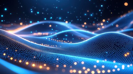 A mesmerizing wave of luminous particles in an abstract blue gradient, creating a sense of depth and motion in digital space.