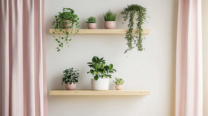 Light pink curtains, light beige walls with wooden shelves decorated with green plants in pots