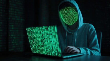 A hooded figure sits at a laptop, illuminated by green digital data, representing themes of hacking and cybersecurity.