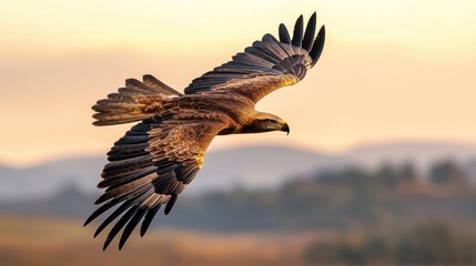 Obraz premium A majestic bird of prey soaring against a stunning sunset backdrop, showcasing its powerful wings and keen hunting skills.