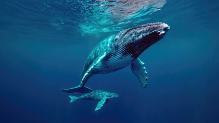A majestic whale gliding gracefully through clear blue waters, showcasing the beauty of marine life and ocean habitats.