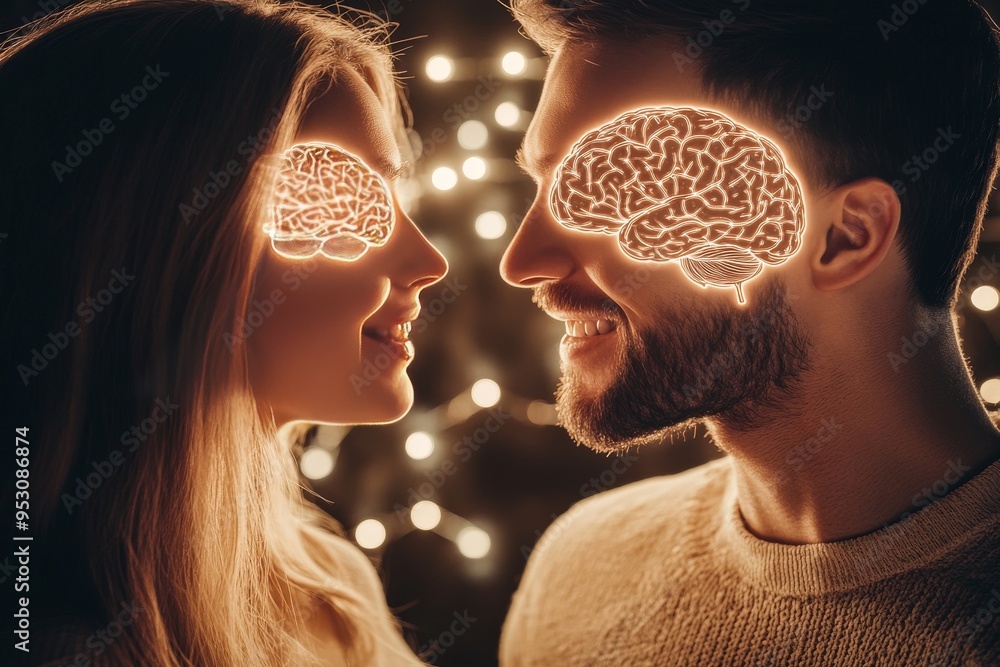 Poster romantic digital art of a couple with exposed brain networks symbolizing emotional and neural connec