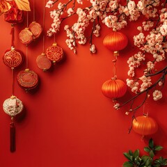 Vibrant Chinese decorations with red lanterns and cherry blossoms against a bold red background, perfect for festive celebrations.