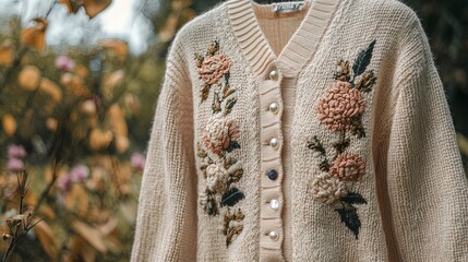 Elegant Floral Embroidered Cardigan with Pearl Buttons: Perfect Poster for Autumn Garden-Themed Interior Decor and Feminine Style Inspiration