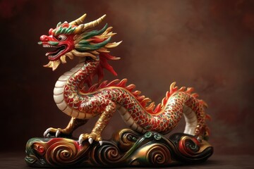 Fototapeta premium A vibrant and ornate dragon sculpture, symbolizing power and mystique, beautifully crafted with intricate details and rich colors.