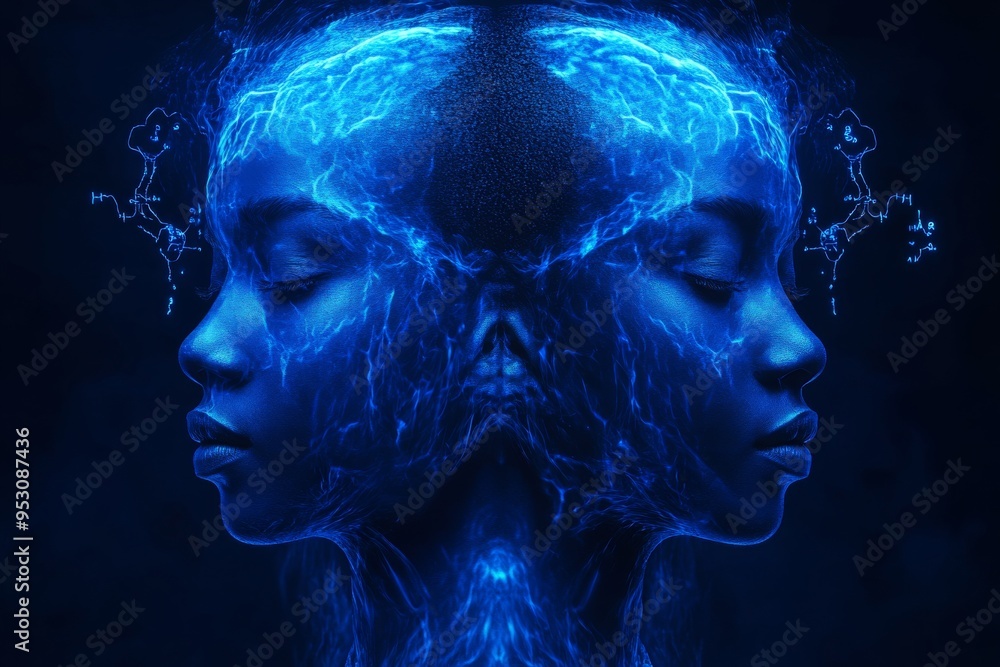 Poster surreal digital art of twin female faces with a blue glow illustrating cognitive synchronization and