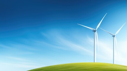 Obraz premium A serene landscape featuring wind turbines against a clear blue sky, symbolizing renewable energy and sustainability.