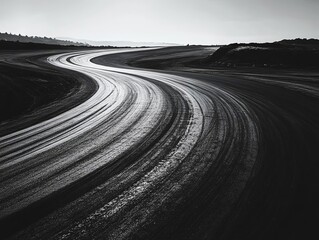 Fototapeta premium A blackandwhite photograph focusing on the intersection of multiple tire tracks on an empty racetrack
