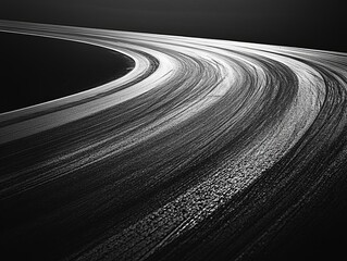 A dramatic blackandwhite image of the sweeping curves of a racetrack, with tire marks creating intricate patterns that convey the high speeds and tension of the race