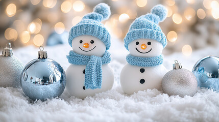 Photo of happy snowmen with blue hats and scarves, standing in a white